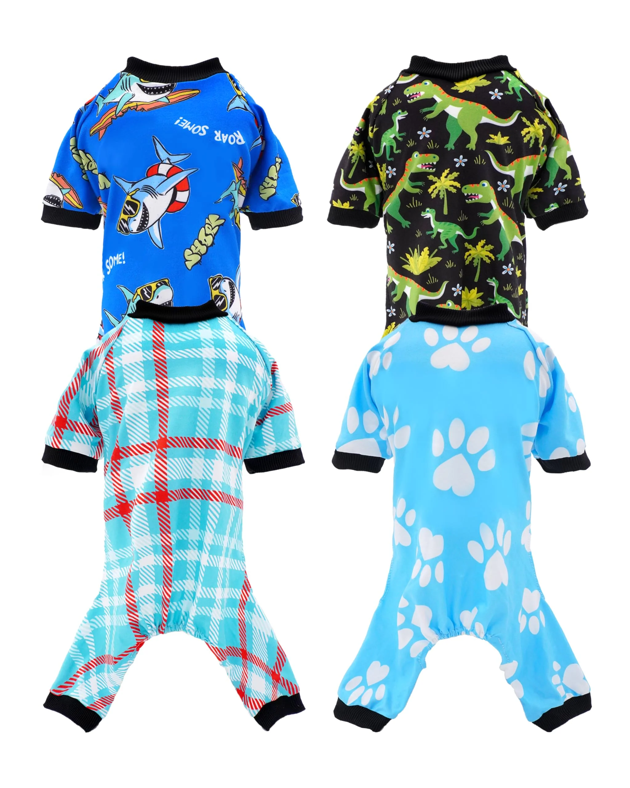 Certified PET SHOW 4 Pack Dog Pajamas – Blue Dinosaur Shark Jumpsuits XS-XXXL for All Breeds Stylish