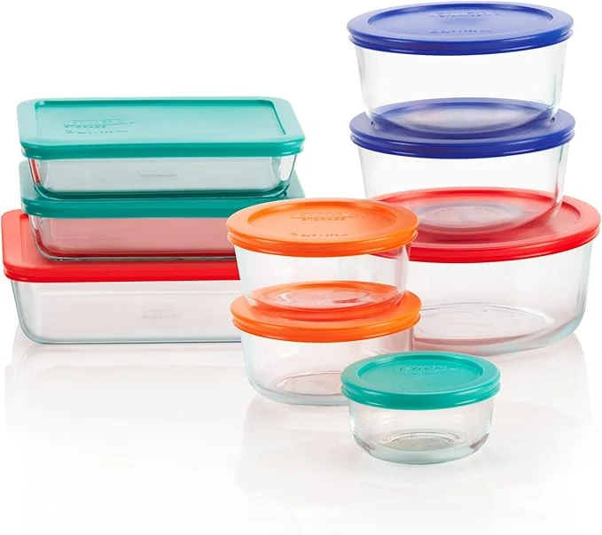 Expertly Made Pyrex Simply Store 9-Pack Mixed Sized Glass Food Storage Set Round Rectangular Containers With Plastic Lids BPA- Dishwasher Microwave SafeAbout ThisOverview Fashionable