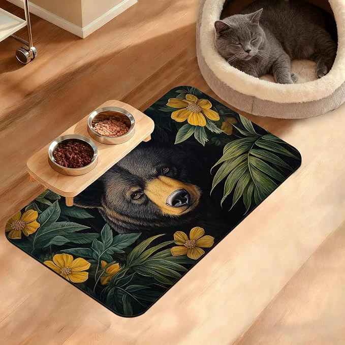 Functional Brown Bear Dog Food Mat Forest Absorbent Pet Feeding Mat Relaxed