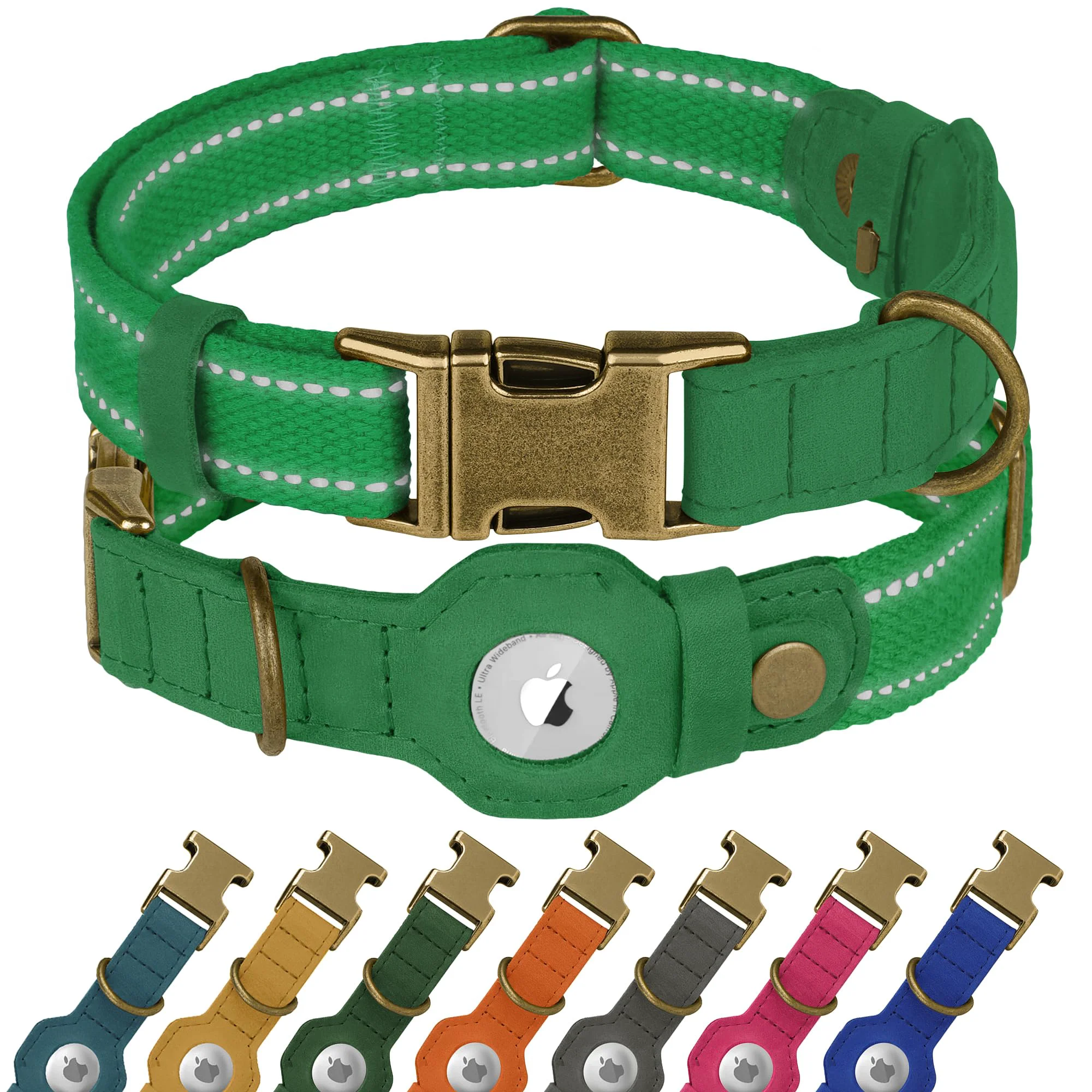 Reliable BUDKAS Reflective Leather Dog Collar with AirTag Holder – XL 20-25 in Green Secure