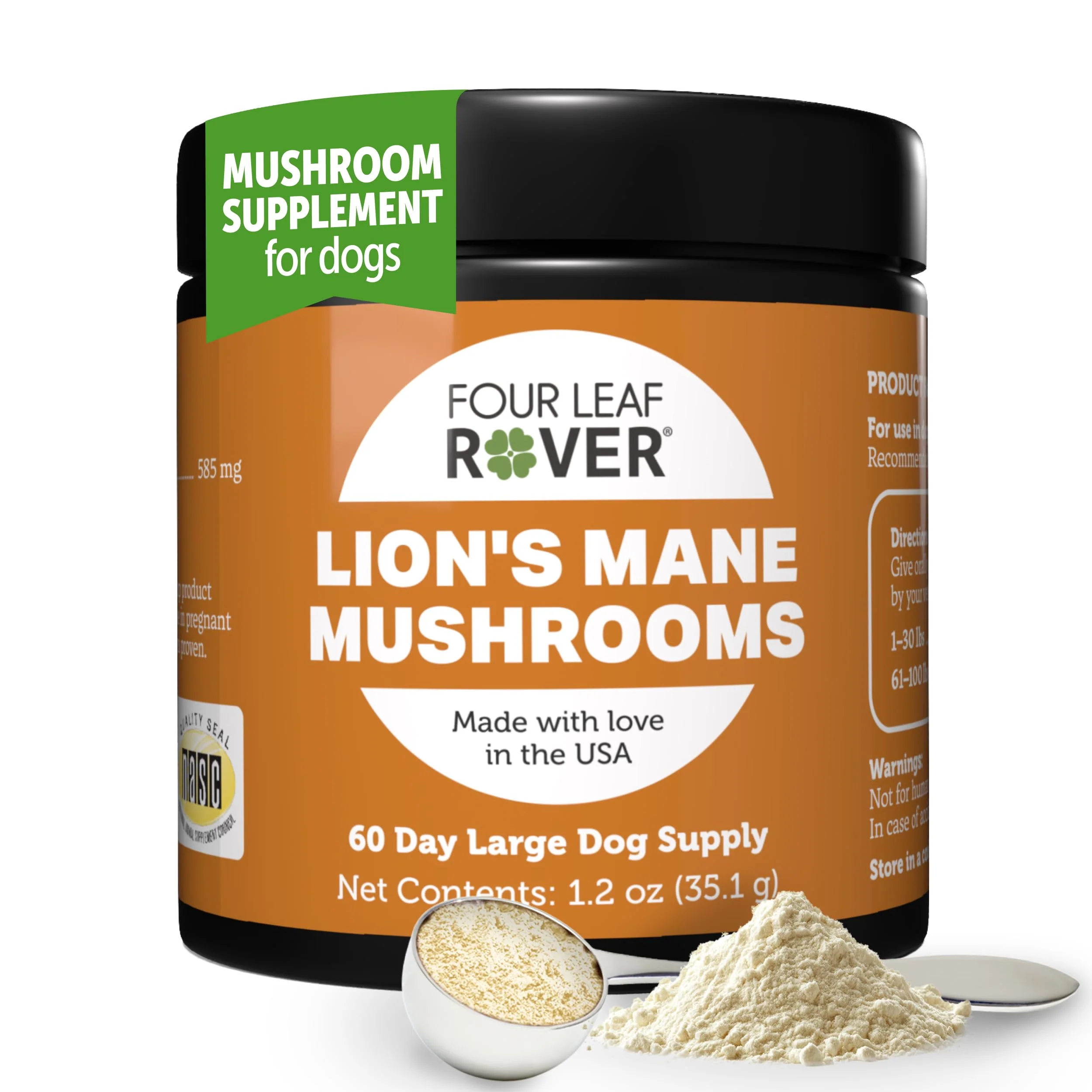 Detailed FOUR LEAF ROVER Lion’s Mane Mushrooms for Dogs — Cognitive Support Organic 3rd-Party Tested – 60 Day Large Dog Supply Quality
