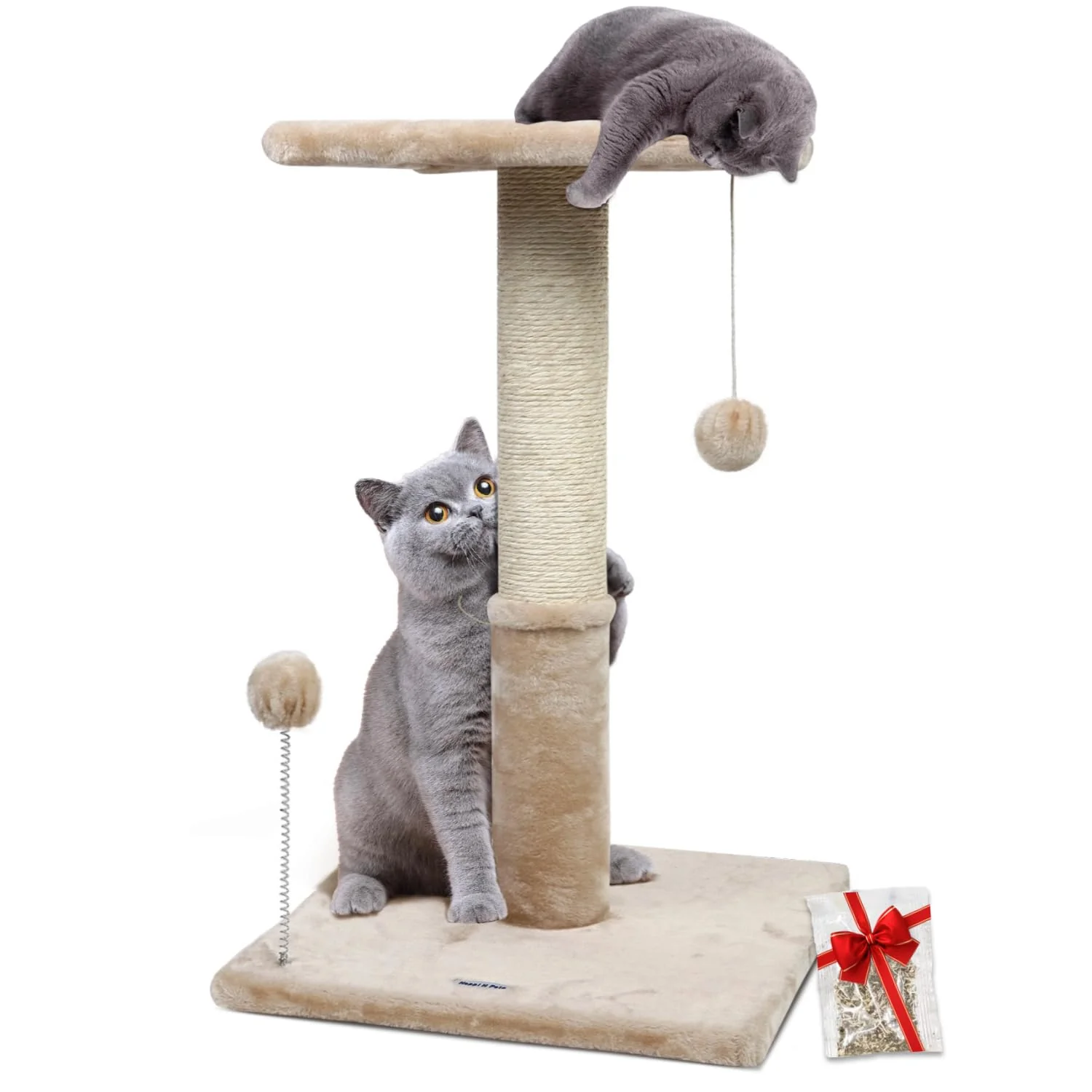 Reusable Happi N Pets 26-Inch Cat Scratching Post with Platform – Beige Sisal Cat Tree Hanging Balls Cozy Perch Unique
