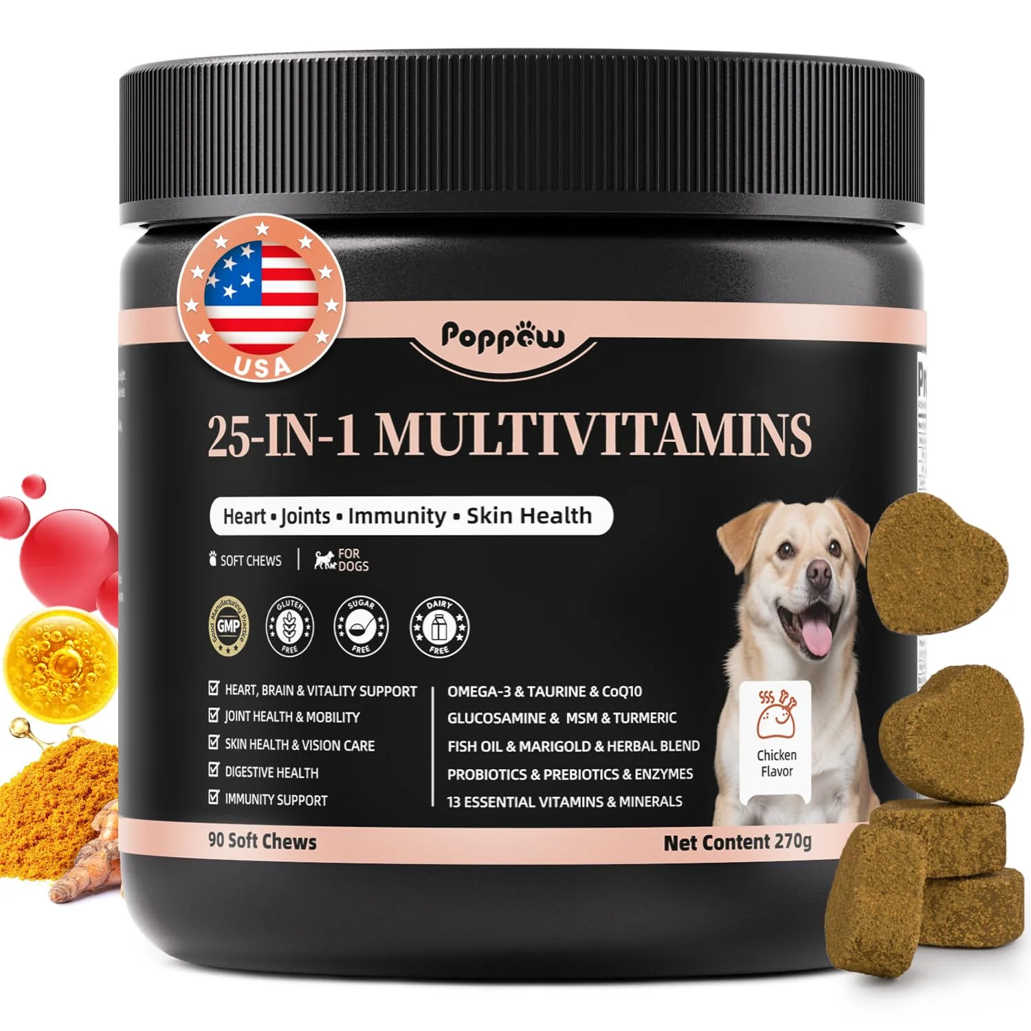 Certified POPPAW 25-in-1 Dog Multivitamin Chews – All-in-One Daily Vitamins for Joints Skin Heart Eco-Friendly