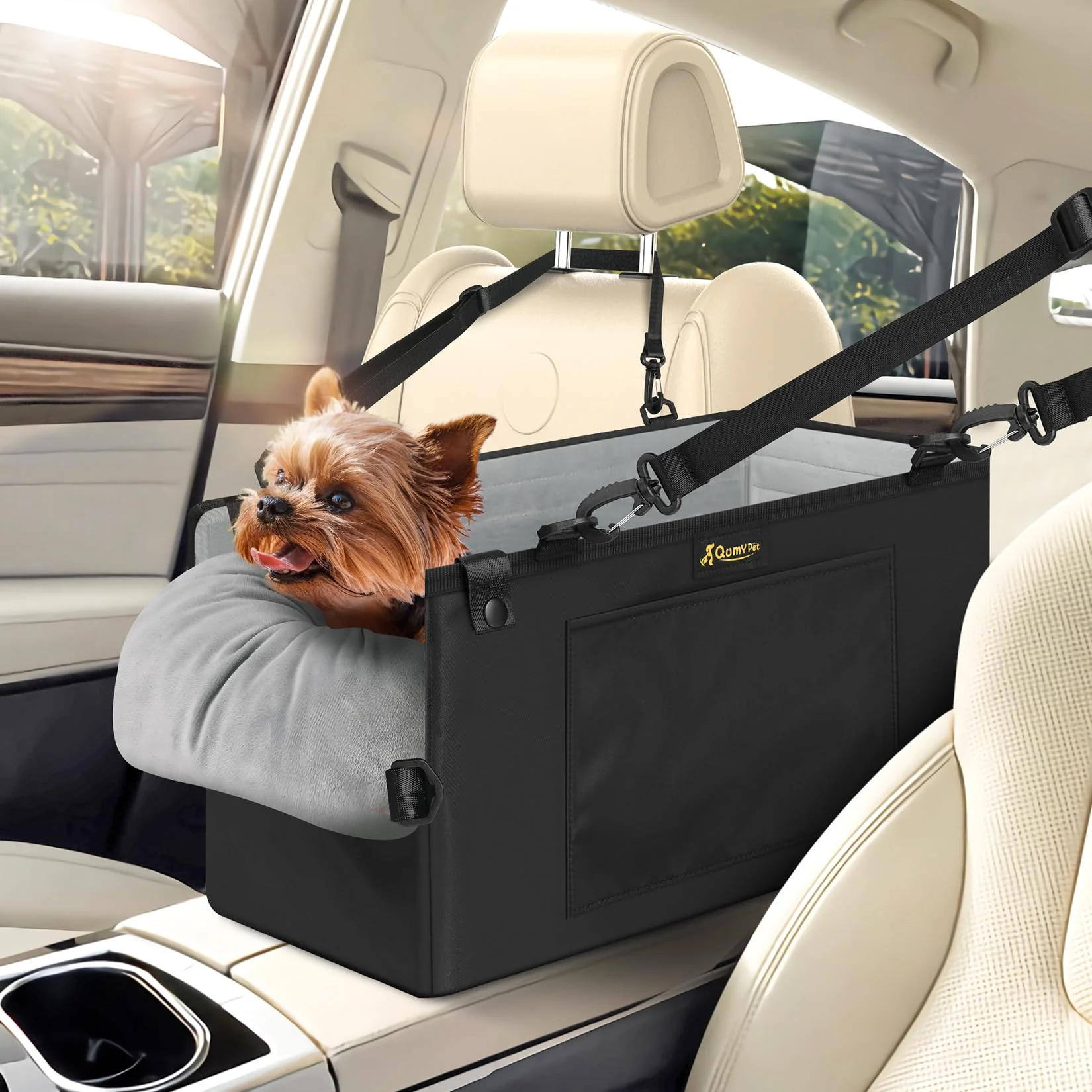 Premium QUMY Dog Car Seat for Small Dogs Up to 11lbs – Center Console Booster Portable Travel Carrier Black Trusted