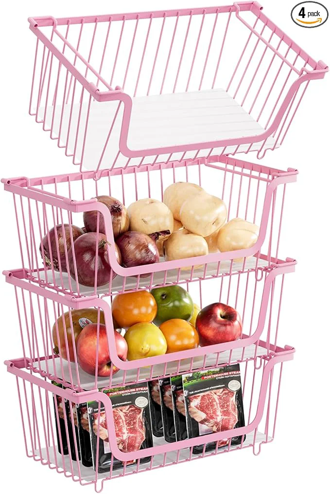 Safe 4 Pcs Stackable Wire Baskets for Pantry Organizers and Storage Vegetable Fruit Basket for Countertop Kitchen Storage Metal Baskets Produce Potato Onion Storage Bin pinkAbout ThisOverview Authentic