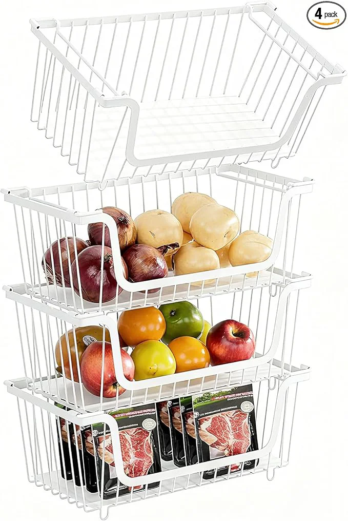 Optimized 4 Pcs Stackable Wire Baskets for Pantry Organizers and Storage Vegetable Fruit Basket for Countertop Kitchen Storage Metal Baskets Produce Potato Onion Storage Bin WhiteAbout ThisOverview Advanced