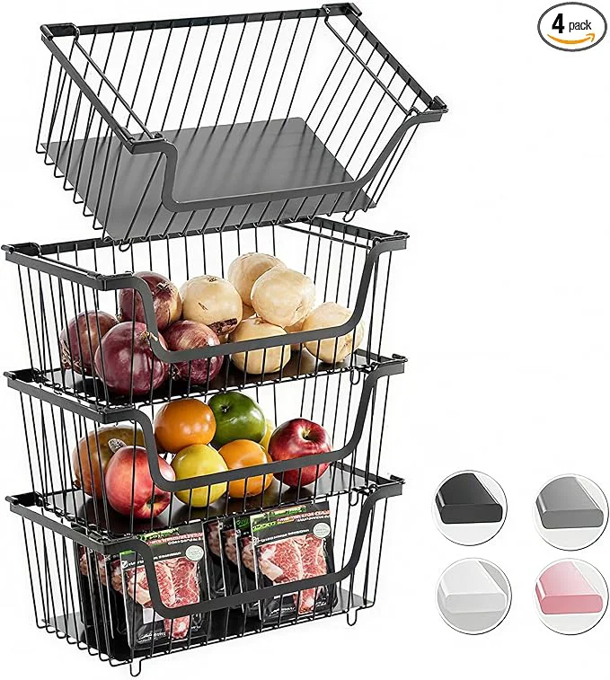 Outstanding 4 Pcs Stackable Wire Baskets for Pantry Organizers and Storage Vegetable Fruit Basket for Countertop Kitchen Storage Metal Baskets Produce Potato Onion Storage Bin BlackAbout ThisOverview Dependable