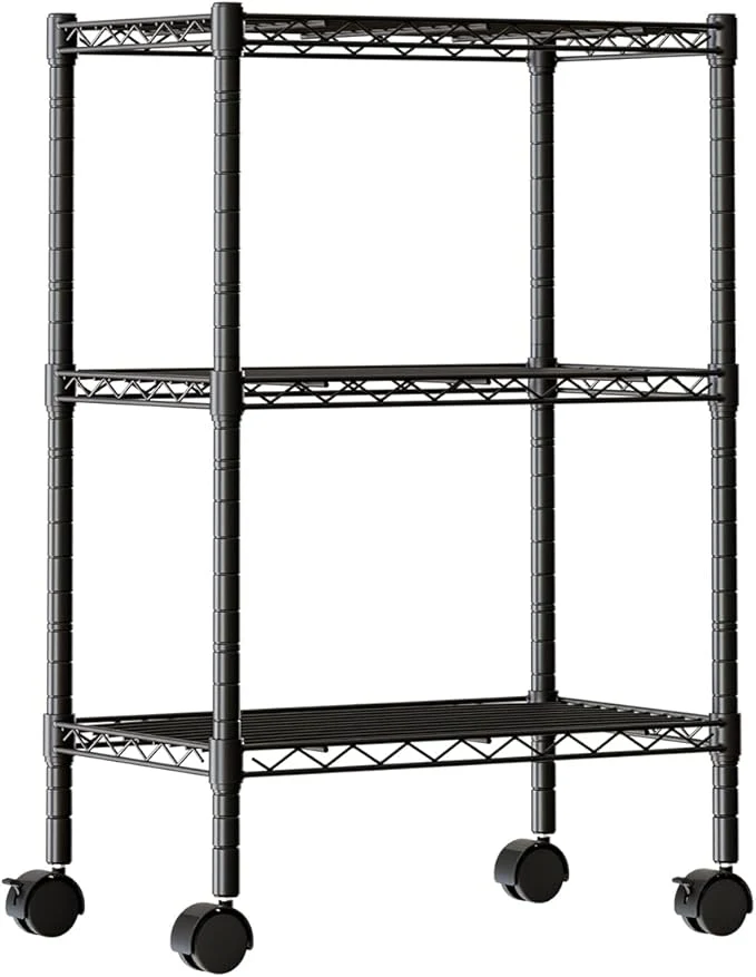 Easy-to-Use DUMOS Industrial 3 Level Grid Storage Rack ，Mobile Metallic Shelving System with Lockable Wheels， Multi-Purpose Cabinet for Workshop Culinary Space Storeroom Washroom Restroom BlackAbout ThisOverview Clean