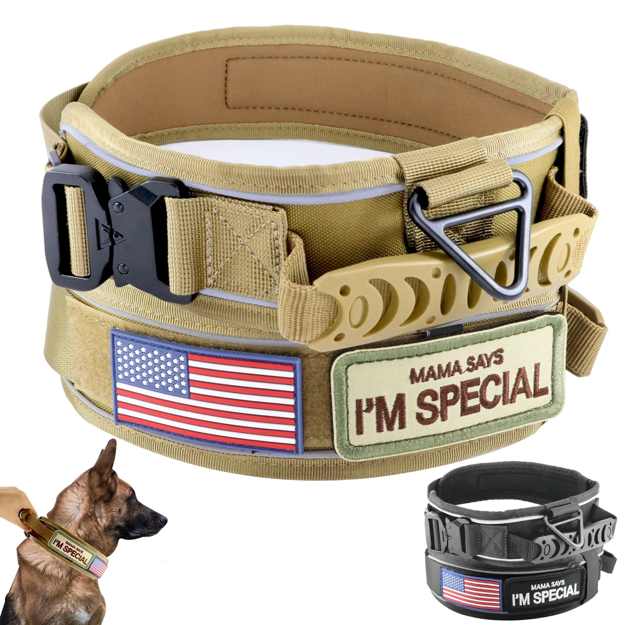 Effective Comfluxe 2.5-inch Tactical Dog Collar for Medium Dogs – Heavy-Duty Nylon Reflective Stitching Padded Handle Khaki M Elegant