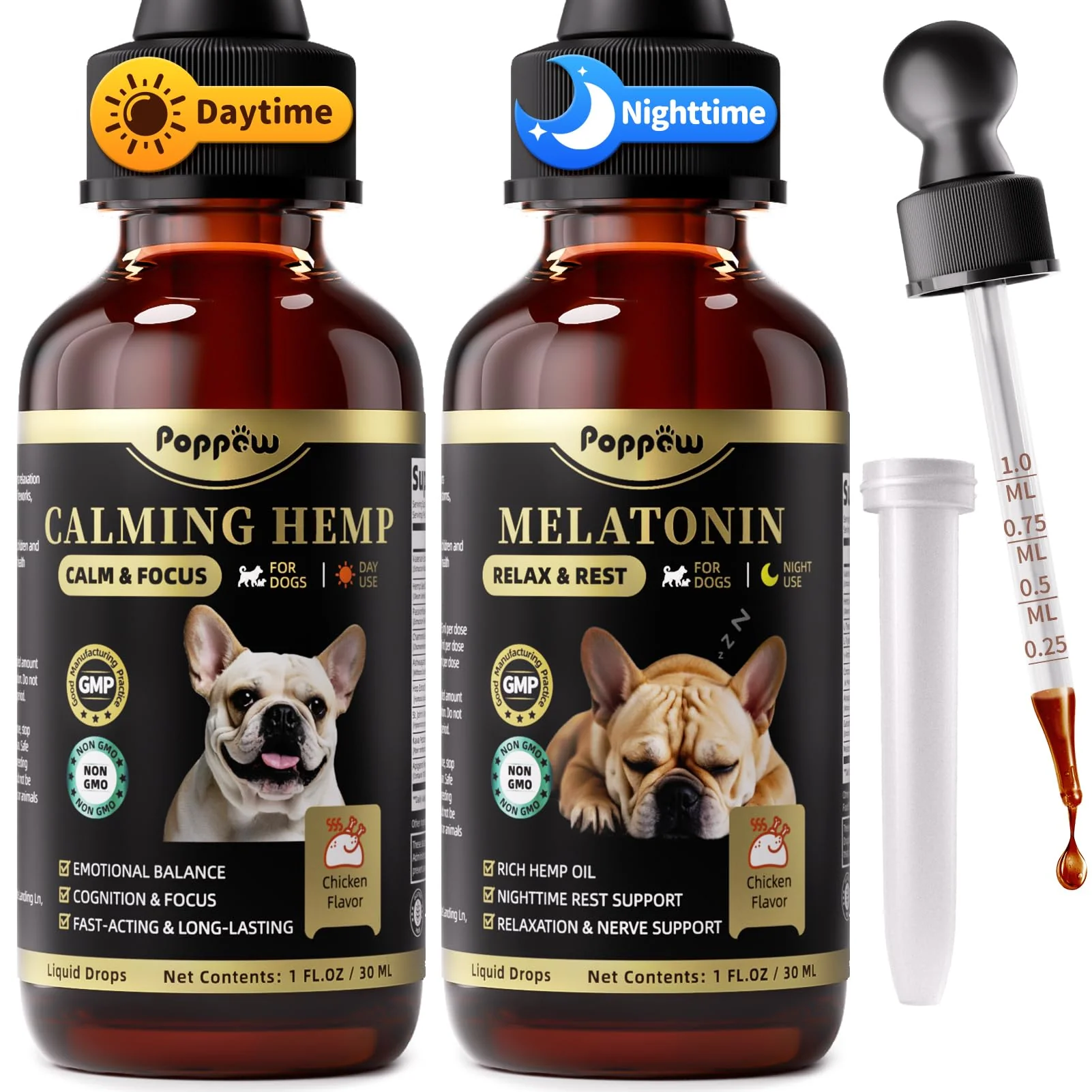 Artisan POPPAW Day Night Calming Drops for Dogs – 2oz Set Chicken Flavor Clean