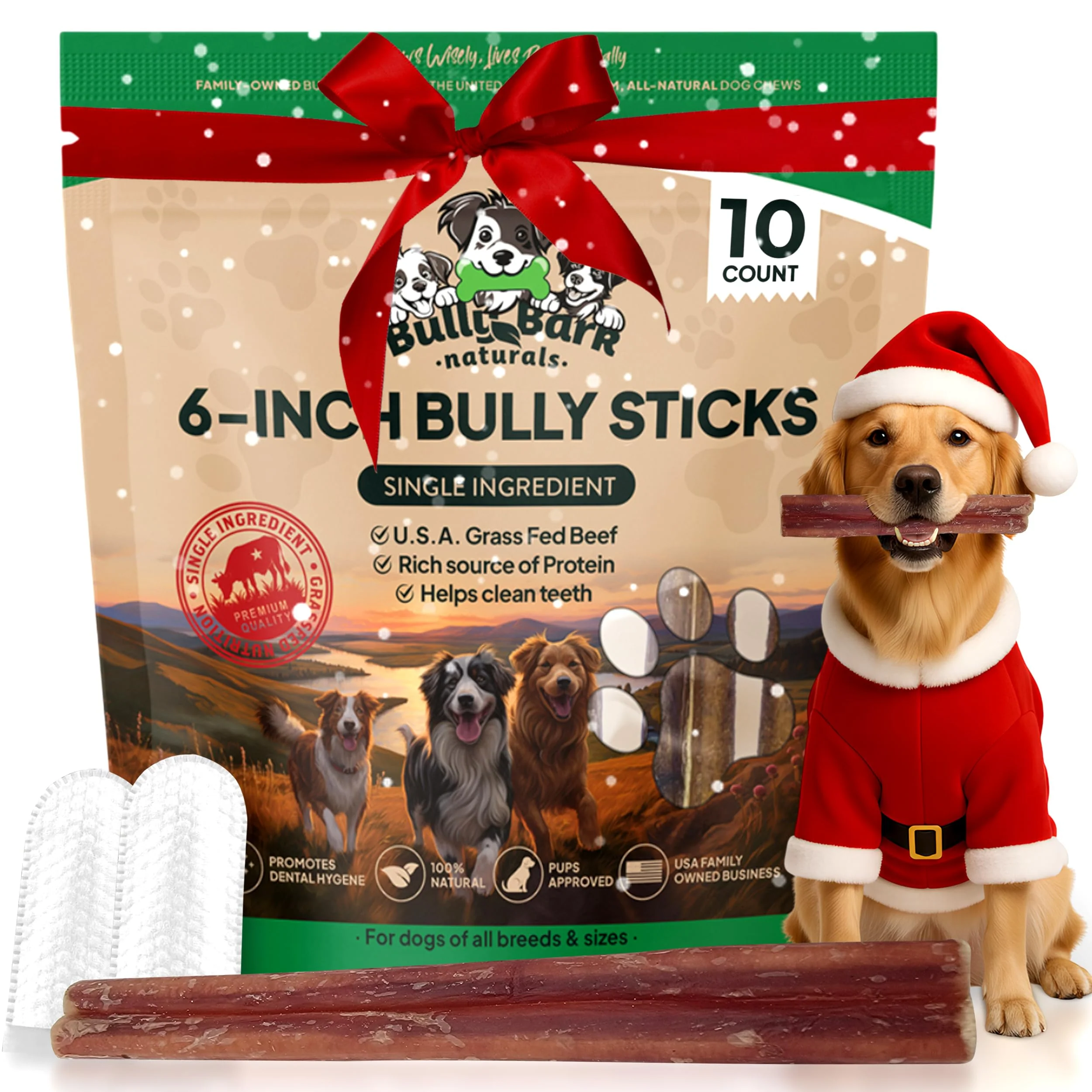 Eco-Friendly Bully Bark Naturals Standard 6-Inch Bully Sticks – 10 Count Odor- Grass-Fed Beef Premium