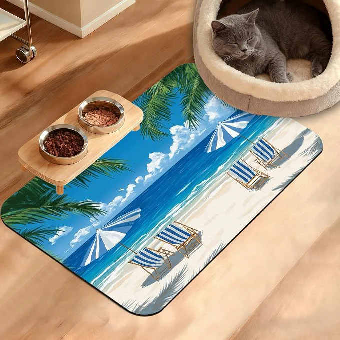 Genuine Pet Feeding Mat Sea Beach Absorbent Dog Cat Food Mat Palm Tree Dog Mat Enhanced