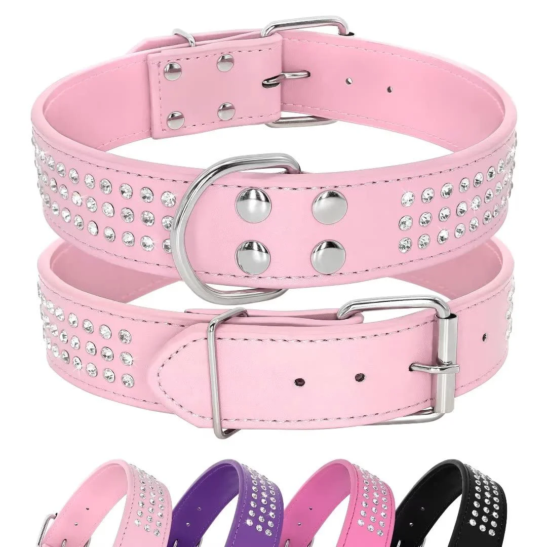 Enhanced Berry Pet Rhinestones Dog Collar – 1.5 Pink Leather 19-22 Neck for Large Dogs Breathable