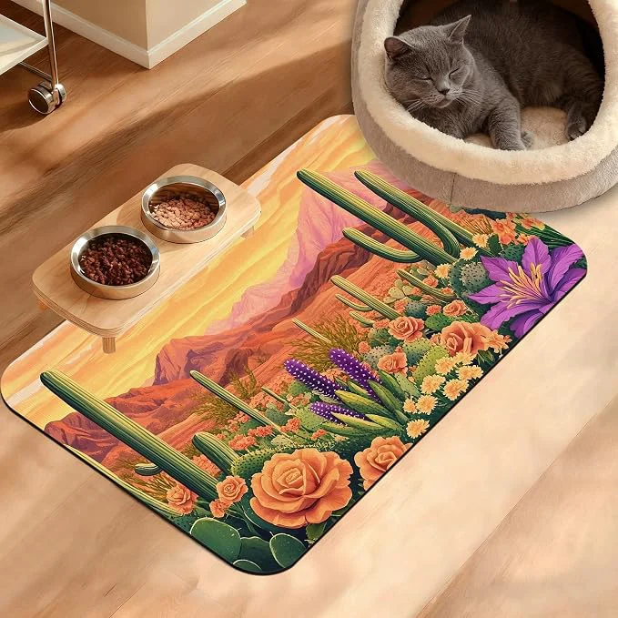 Expertly Made Pet Feeding Mat Cactus Absorbent Dog Cat Food Mat Desert Dog Mat Prestigious