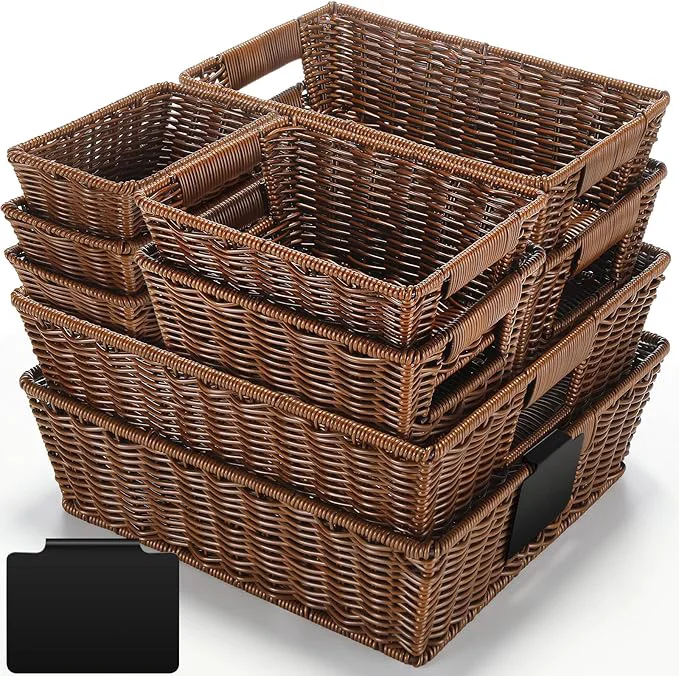 Refined Marsui 9 Pcs Wicker Storage Baskets for Pantry Organization with Handle Labels Handwoven Multi-size Dark Brown Small Organizer Baskets Storage Bin Container for Shelves Closet Toilet Christmas HolidayAbout ThisOverview Lightweight