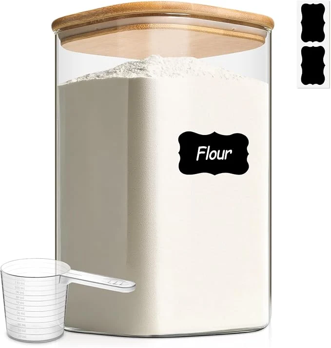 Environmentally Friendly ComSaf 4.6Qt Glass Food Storage Containers 1.2 Gallon Glass Flour and Sugar Containers with Airtight Lids Large Square Jars with Bamboo Lids for Rice Pasta Oats Grains Cookies Coffee BeansAbout ThisOverview Sustainable