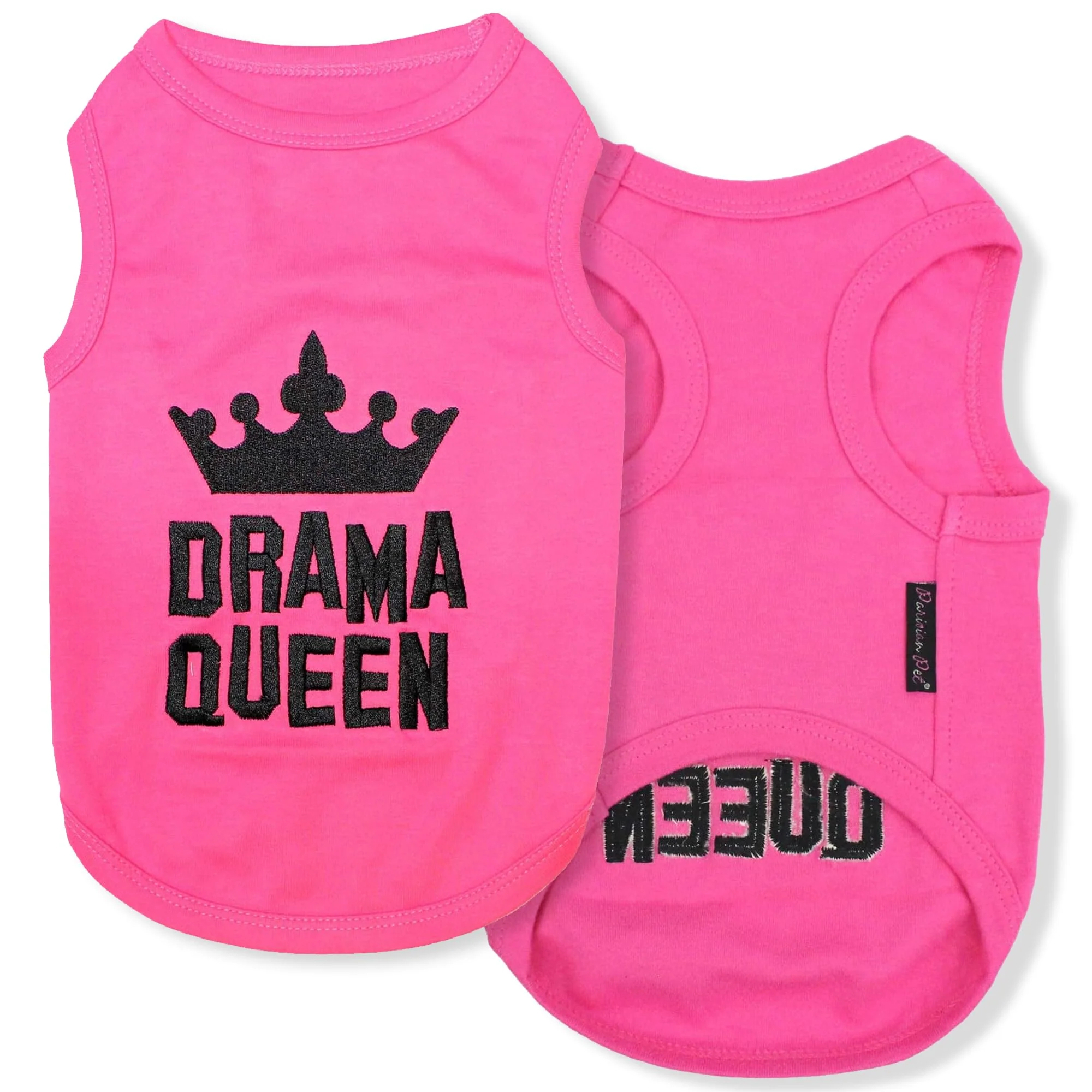 Classic Parisian Pet Drama Queen T-Shirt for Dogs – Embroidered Tank Top Breathable Pink Sleeveless Tee Machine Washable up to 2XL Clean