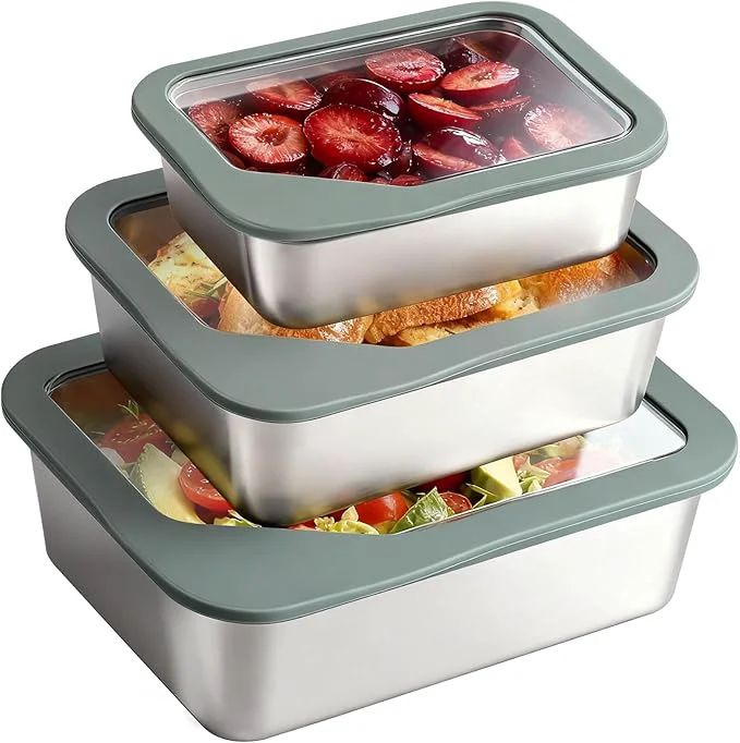 Solid Stainless Steel Food Storage Container with Glass Lids 3 Pack Nested Lunch Boxes Airtight Lid Food Container for Sandwiches Snacks Meal Prep and Kitchen StorageAbout ThisOverview Reusable
