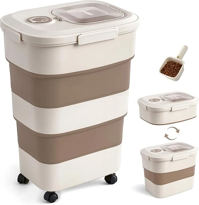 Powerful 40-50lbs Dog Food Storage Container Large Capacity Collapsible Airtight Pet Food Storage Containers with Rolling Wheels Transparent Lid Scoop and Date Track BrownAbout ThisOverview Carefully Designed