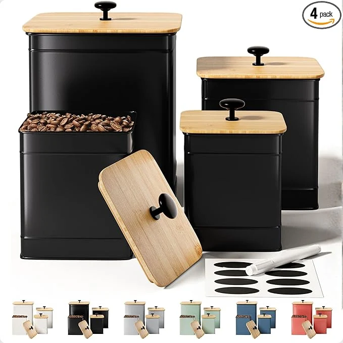 Traditional Kitchen Canisters for Countertop Set of 4 with Customizable Chalkboard Labels Marker Pen – Big Iron Kitchen Canisters with Airtight Lids – Black Canister Set – Flour and Sugar Containers FarmhouseAbout ThisOverview Eco-Friendly