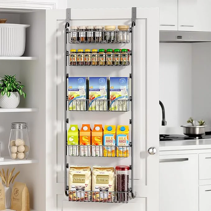 Verified Delamu Over The Door Pantry Organizer 5-Tier Pantry Door Organizers and Storage with Adjustable Basket Metal Hanging Spice Rack Seasoning Organizer Door Organizer for Home Kitchen Bathroom BlackAbout ThisOverview Practical