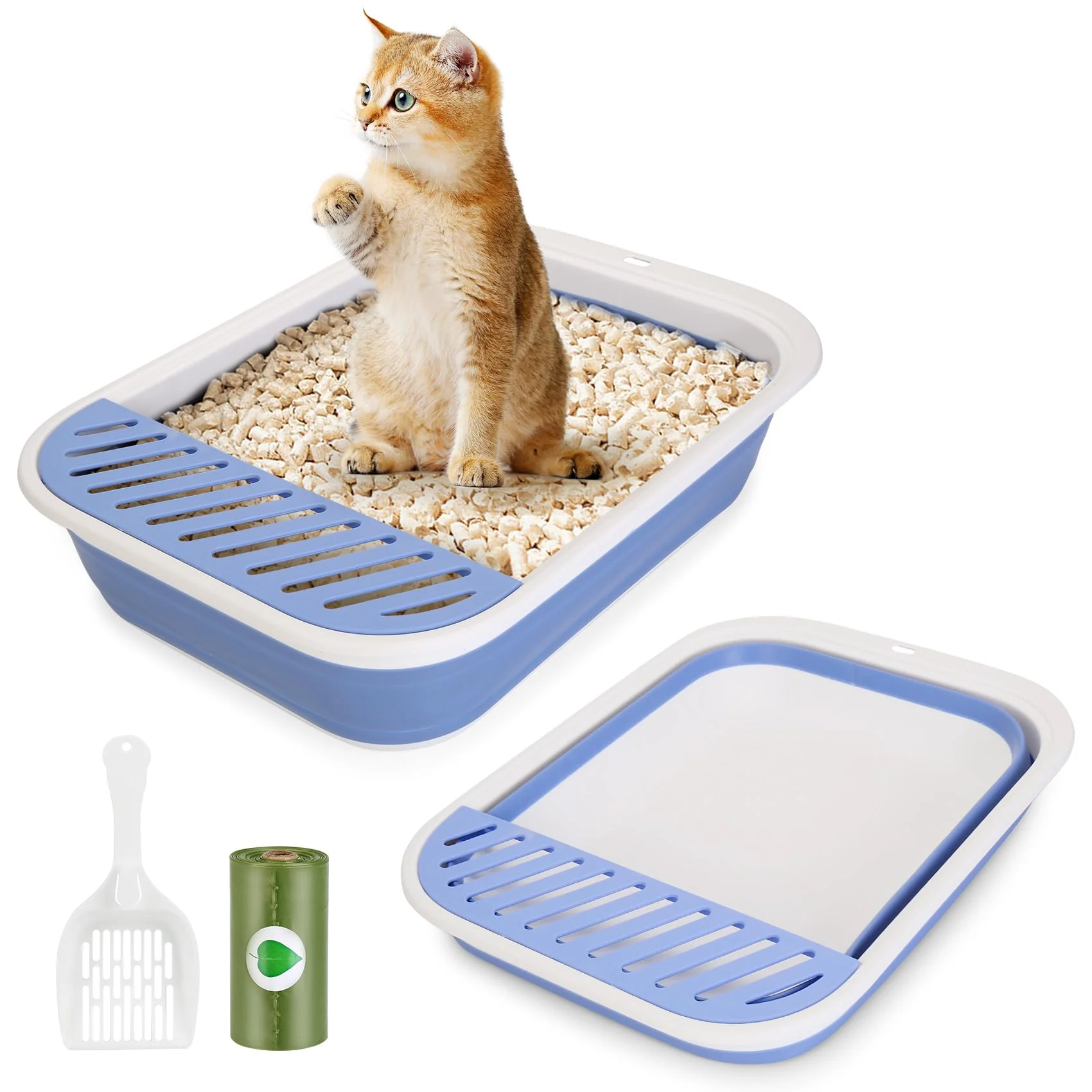 Modern ShineMe Collapsible Kitten Litter Box — Open Top Anti-Splash Includes Scoop Bag Blue Smart