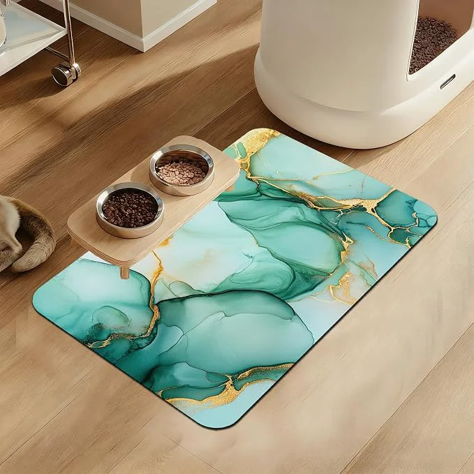 Easy-to-Use Green Marble Pet Feeding Mat for Floors–Christmas Stocking Absorbent Quick Dry Classic