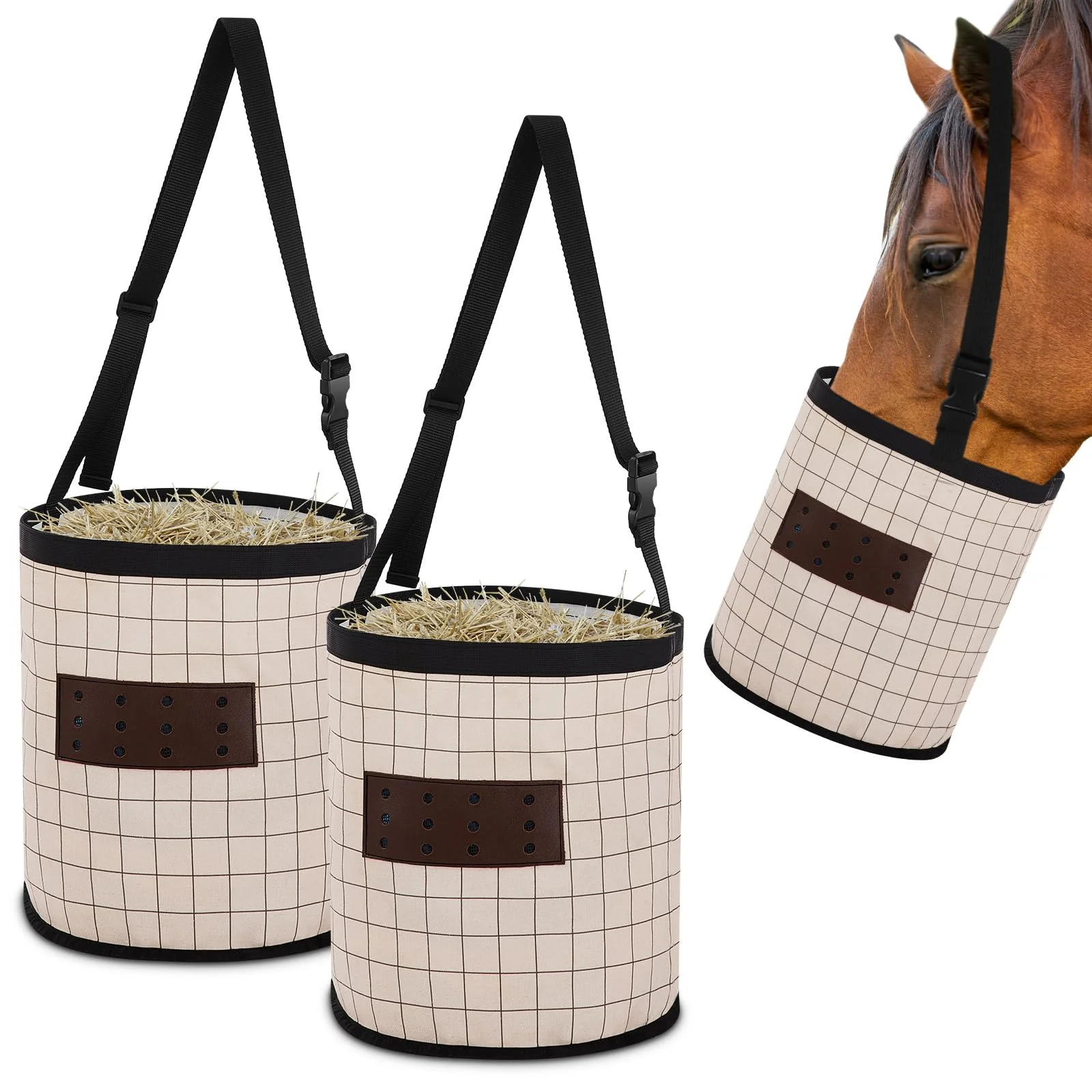 Superior Cosblank 2 Pack Horse Feed Bags – 13 Inch Depth Ventilated Canvas with Adjustable Strap No-Spill Design Elite