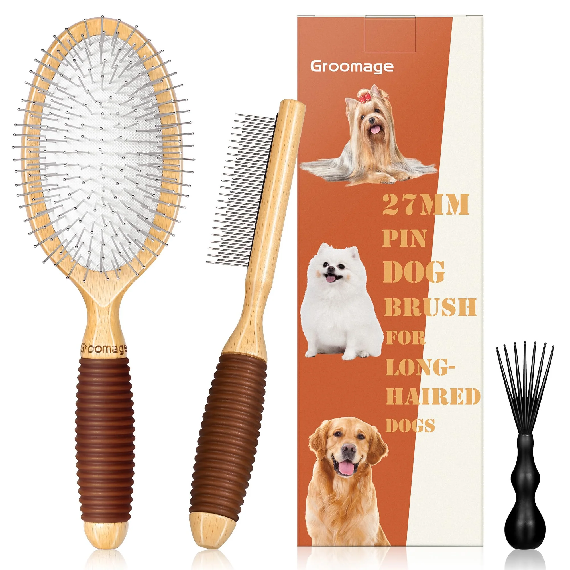 World-Class GROOMAGE Dog Brush for Long-Haired Dogs – 27mm Pins Comb Set Premium
