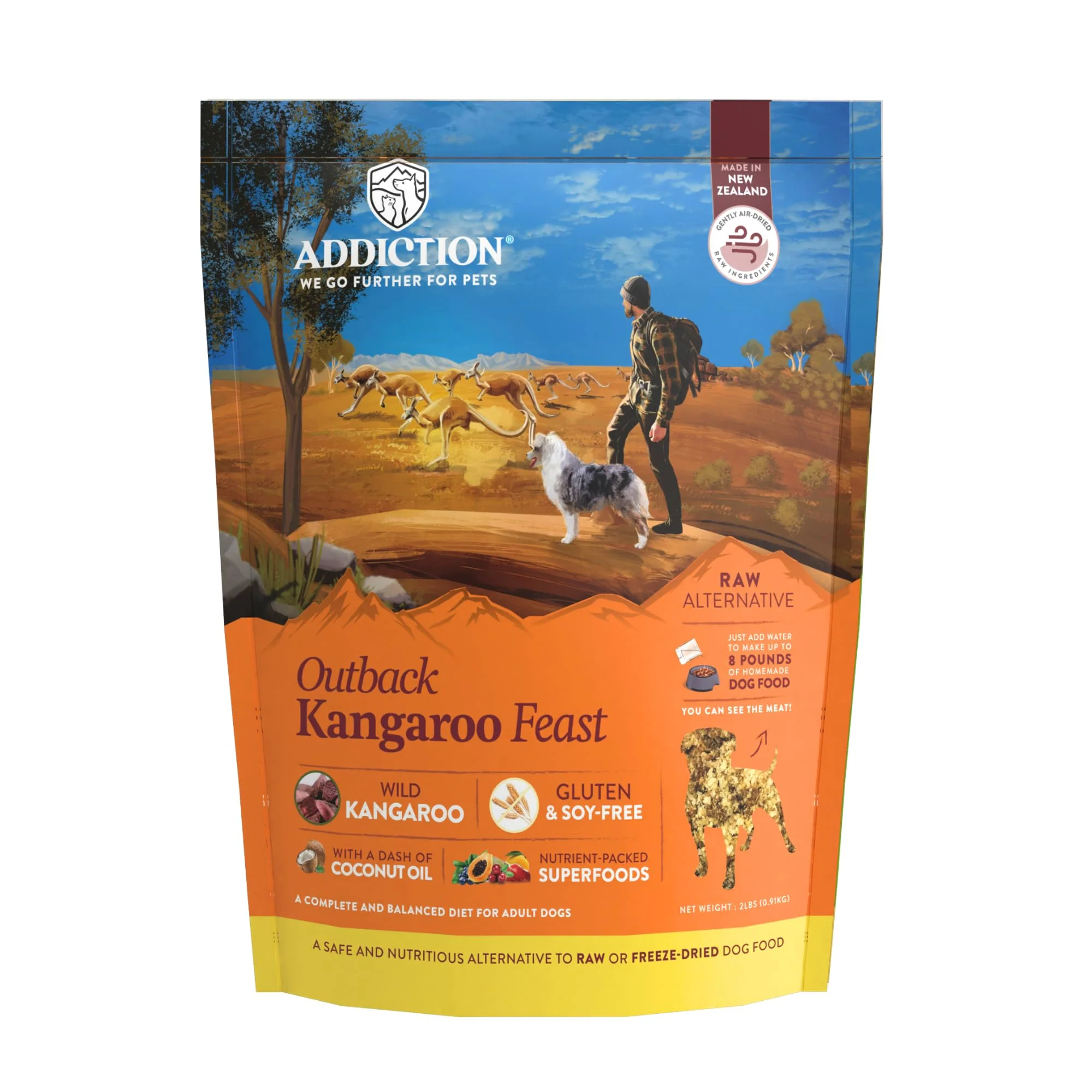 Premium Material Addiction Outback Kangaroo Feast – Grain- Air-Dried Dog Food 2 lb Novel Kangaroo Protein Coat Support Secure