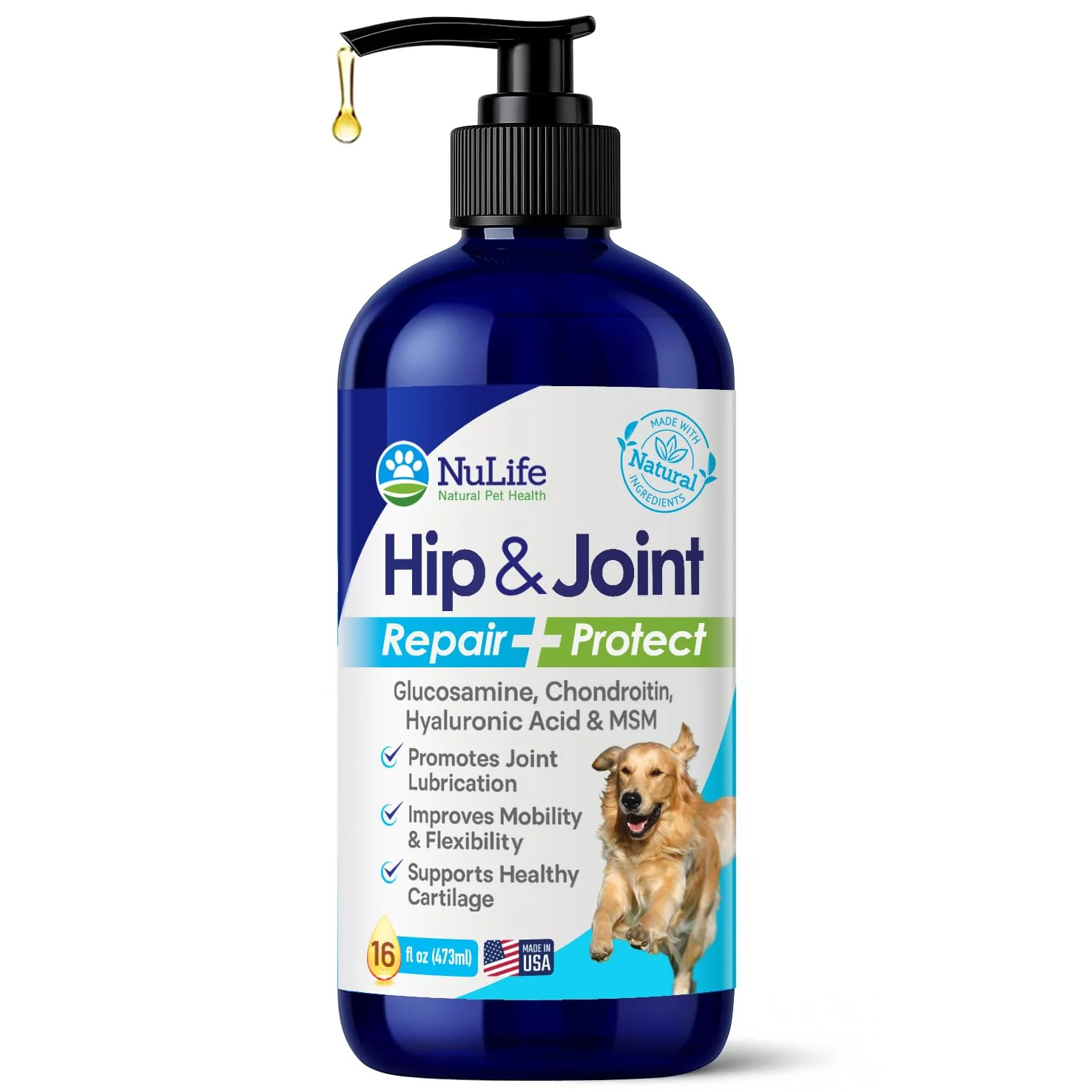 Solid NuLife Natural Pet Health Liquid Glucosamine for Dogs — Joint Support with Chondroitin MSM Hyaluronic Acid 16oz Flexible