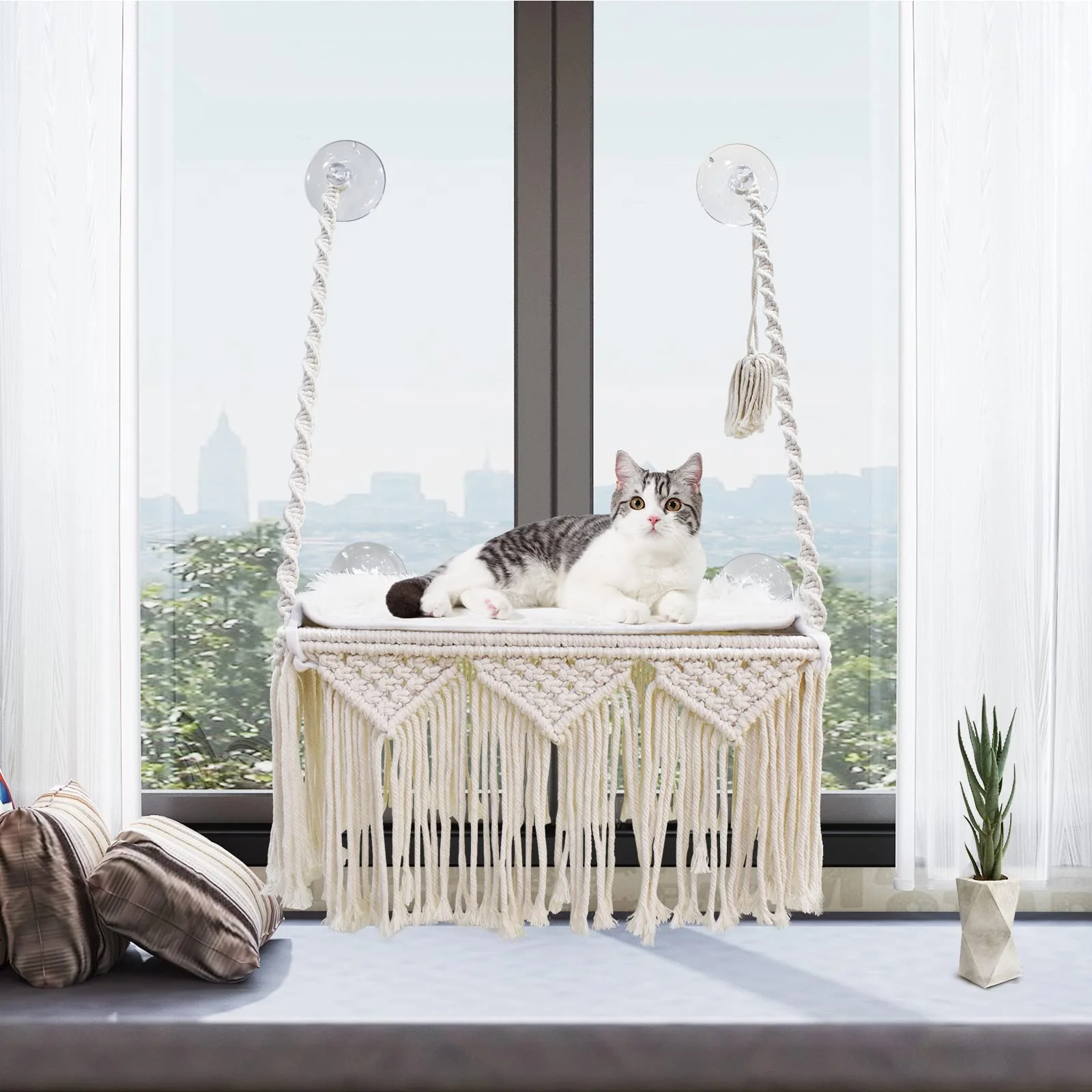 Fashionable VAESCOL Cat Window Perch Macrame Hammock — 35 lb Capacity Exclusive