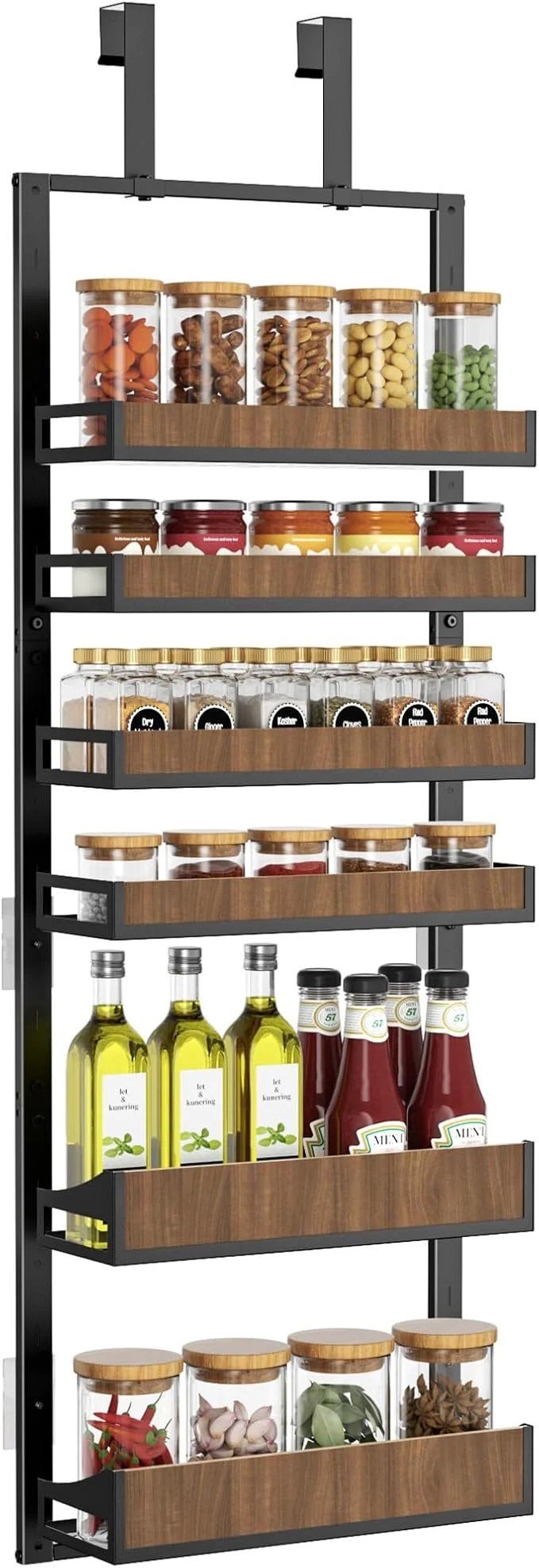 Stylish Aquzee Pantry Door Organizer 6-Tier Over the Door Pantry Organizer 2 IN 1 Hanging Wall Mount Spice Rack Adjustable Baskets Heavy Duty Spice Organization for Cabinet Kitchen ClosetAbout ThisOverview Selected