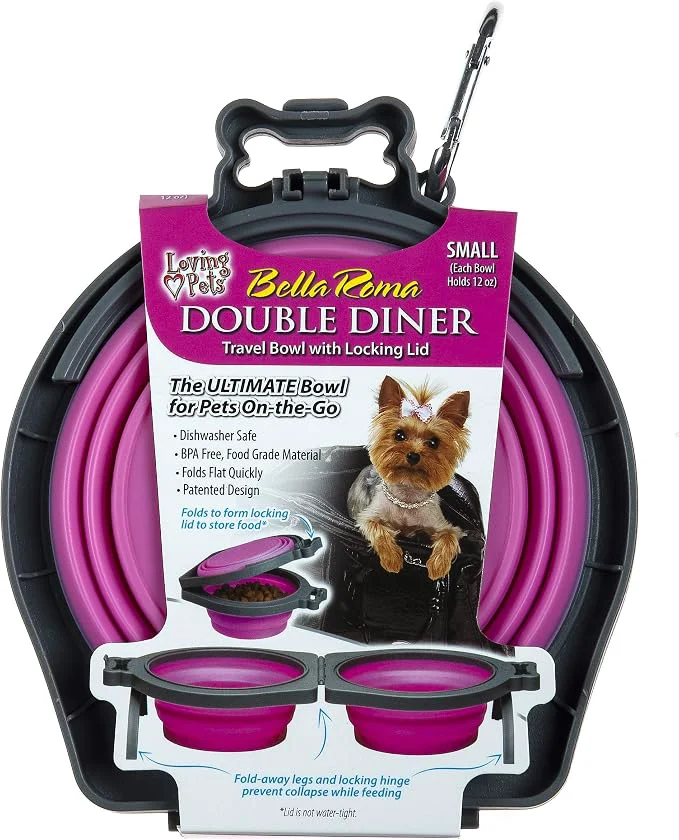 Enhanced Loving Pets Bella Roma Double Diner Collapsible Dog Bowls Authentic