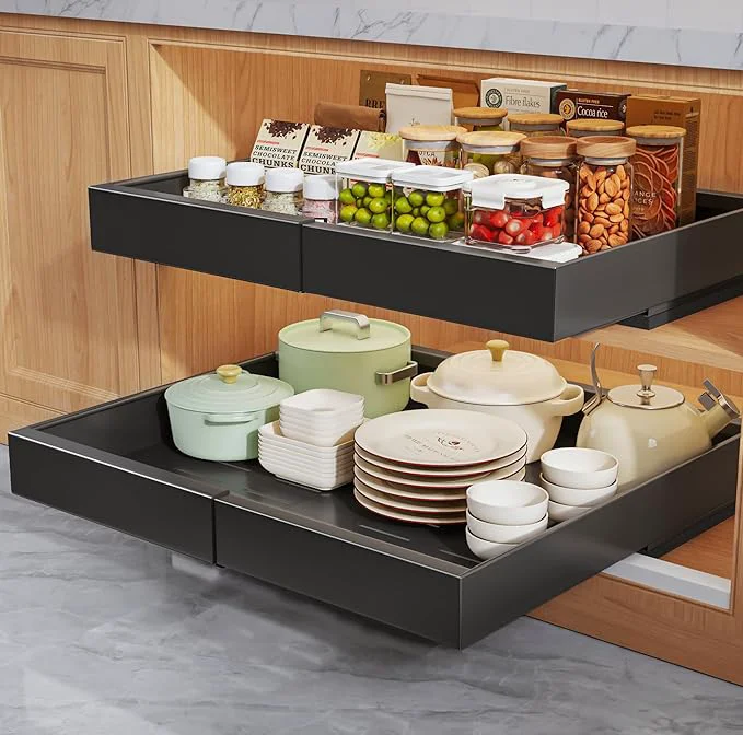 Smart 2 Pack Pull Out Cabinet Organizers 16.5 Deep With Raising Pad for Framed Cabinets Expandable Slide Out Drawers Upgrade 3 Slide Rails Roll Out Shelves Adjustable Width 12.1 -20.45 BlackAbout ThisOverview User-Friendly