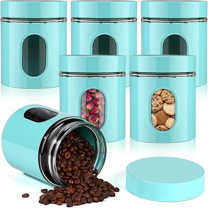 Practical 6 Pack Kitchen Canisters Set 20 oz Airtight Stainless Steel Canister Food Storage Container with Window Glass Coffee Sugar Candy Jars Tea Organizer for Flour Cookies Spices Grains Kitchen Turquoise About ThisOverview Certified