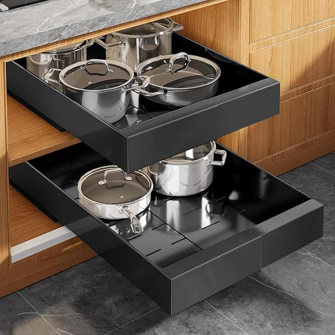 Expertly Made 2 Pack Expandable Pull Out Cabinet Organizer 21 Deep with Raising Pad for Framed Cabinets Upgrade 3 Slide Rails Slide Out Drawers Roll Out Shelves Adhesive Adjustable Width 9 -14.1 BlackAbout ThisOverview Eco-Friendly