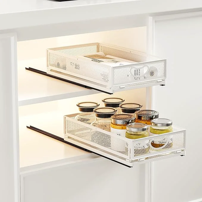 Original Design 2 Pack Pull Out Cabinet Organizer No Drill Adhesive Sliding Drawers for Kitchen Metal Mesh Wire Storage Shelf for Pantry Under Sink White 9.6 W x 15.7 D x 3.9 H About ThisOverview Green