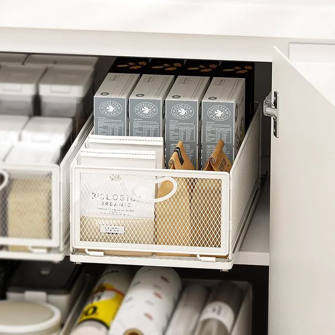 Stylish Pull Out Cabinet Organizer No Drill Adhesive Sliding Drawers for Kitchen Metal Mesh Wire Storage Shelf for Pantry Under Sink White 9.6 W x 15.7 D x 6.1 H About ThisOverview Flexible