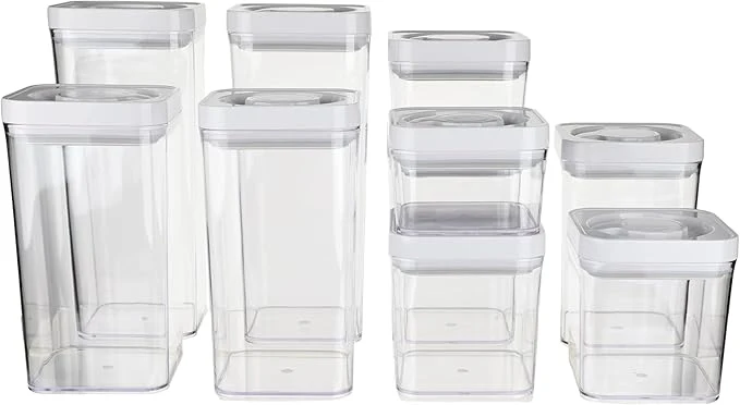 Premium Amazon Basics Airtight Food Storage Containers BPA Dishwasher Safe with Twist Turn Lids for Kitchen Pantry Organization 10-Piece Square Set Clear PlasticAbout ThisOverview Enhanced