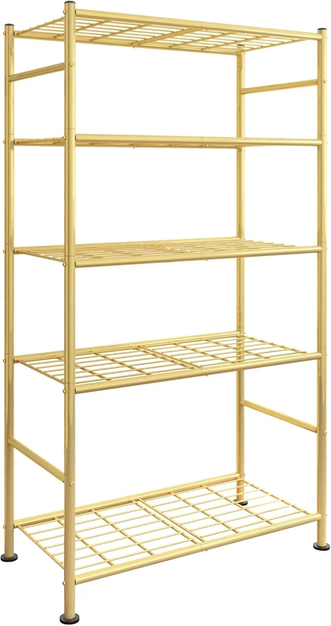 Enhanced Storage Shelves – 5 Tier Shelf Organizer Heavy Duty Garage Shelving Unit with Leveling Feet Stable Metal Shelves Organizer for Pantry Kitchen and Closet 33.0 W x 12.6 D x 72.0 H GoldAbout ThisOverview Pure