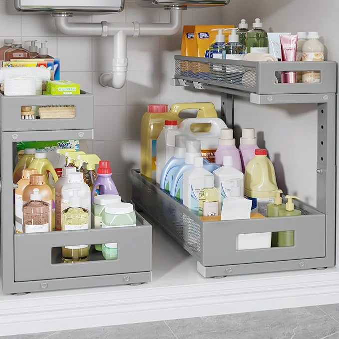 Fashionable 2 Pack 19IN Depth Under Sink Storage Organizer Large 2-Tier Elegant Mesh Pull Out Shelf for Kitchen and Bathroom Cabinet Organization L-Shaped and Adjustable Height Design-Gun GrayAbout ThisOverview Next-Generation