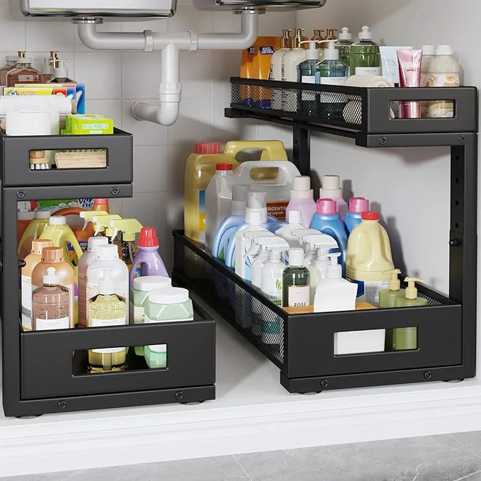 Authentic 2 Pack 20.47IN Depth Under Sink Storage Organizer Large 2-Tier Elegant Mesh Pull Out Shelf for Kitchen and Bathroom Cabinet Organization L-Shaped and Adjustable Height Design-BlackAbout ThisOverview Outstanding