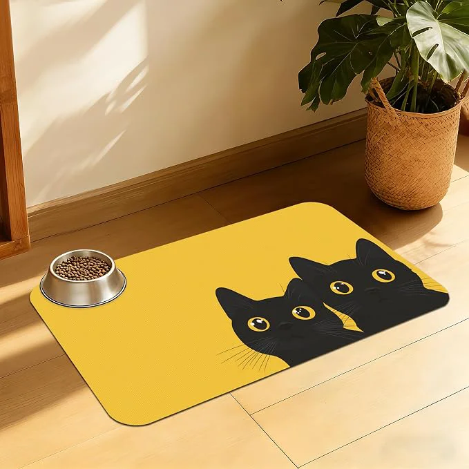 Reusable Cute Black Cat Peeking Pet Bowl Mat Absorbent Placemat Powerful