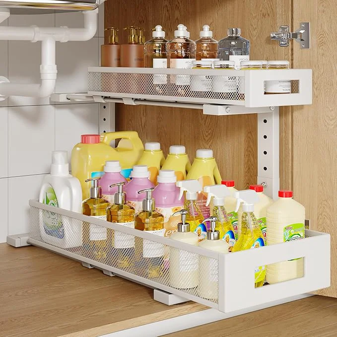 Smart 1 Pack 20.47IN Depth Under Sink Storage Organizer Large 2-Tier Elegant Mesh Pull Out Shelf for Kitchen and Bathroom Cabinet Organization L-Shaped and Adjustable Height Design-WhiteAbout ThisOverview User-Friendly