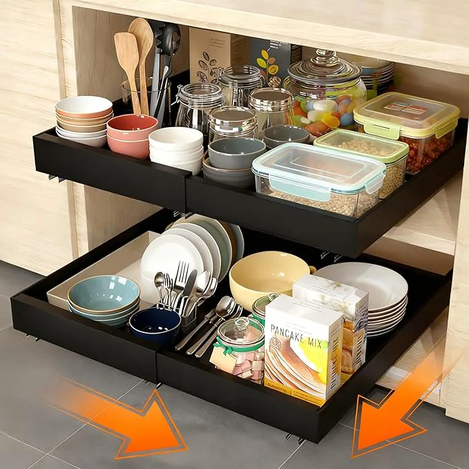 Reusable Pull out Cabinet Organizer 21 Depth 12.6-20.5 inch Width Slide Roll Out Drawers Expandable Adjustable Shelves for Kitchen Bathroom Pantry Adhesive Nano Film 3 Slide Rails Black 2pcsAbout ThisOverview Original Design
