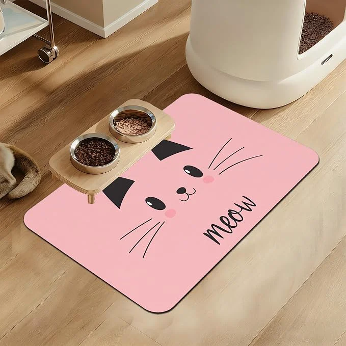 Contemporary Pink Cat Dog Food Mat–Christmas Stocking Absorbent Quick Dry Feeding Placemat Premium Material