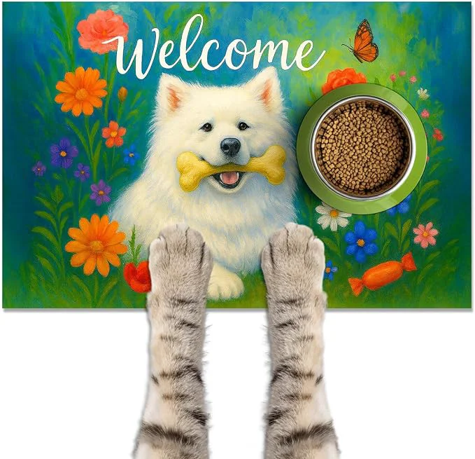 Elegant Welcome Spring Pet Feeding Mat 24 x 16 White Dog Floral Design Non Slip Cat Detailed