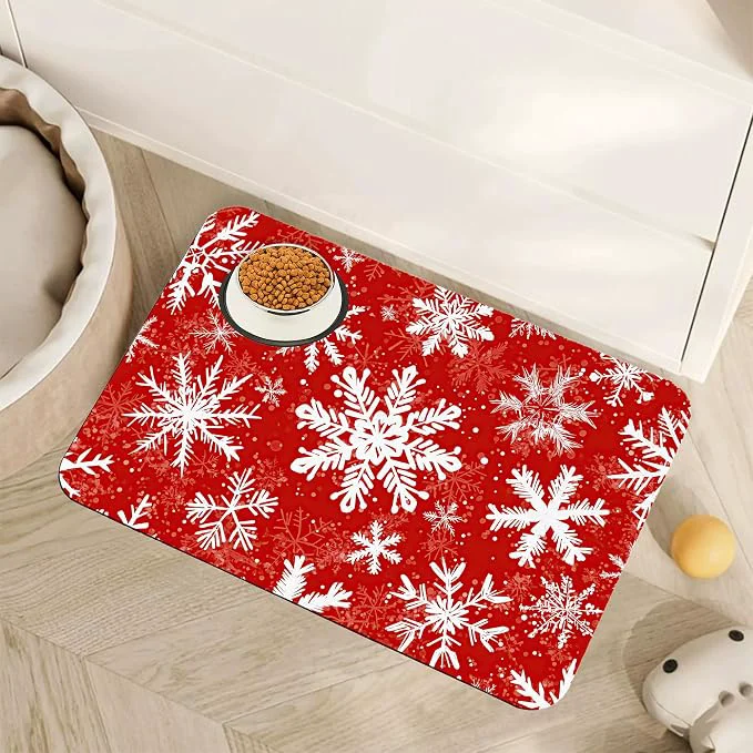 Convenient Christmas Dog Food Mat for Floors Snowflake Absorbent Pet Food and Water Bowl Contemporary