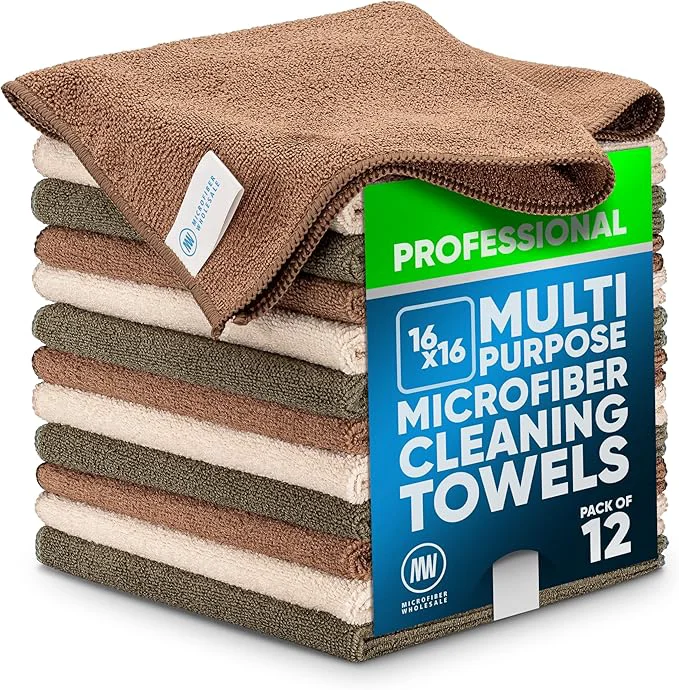 Exclusive MW Pro Multi-Surface Microfiber Towel – Sand Olive Tan 12 Pack 16 x16 Premium Cleaning Cloth Clean Dust Polish Absorb LargeAbout ThisOverview Original Design